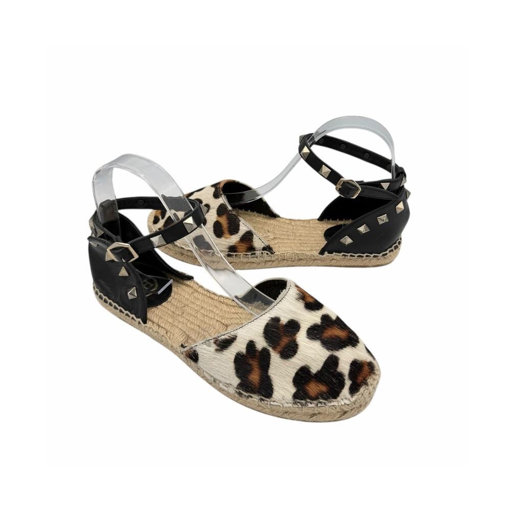 Ash Zania Cow Hair Leopard Print Studded Leather Ankle Wrap Espadrille Sandals